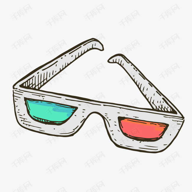 彩色手绘3d眼镜元素的素材免抠彩色手绘圆角3d眼镜佩戴