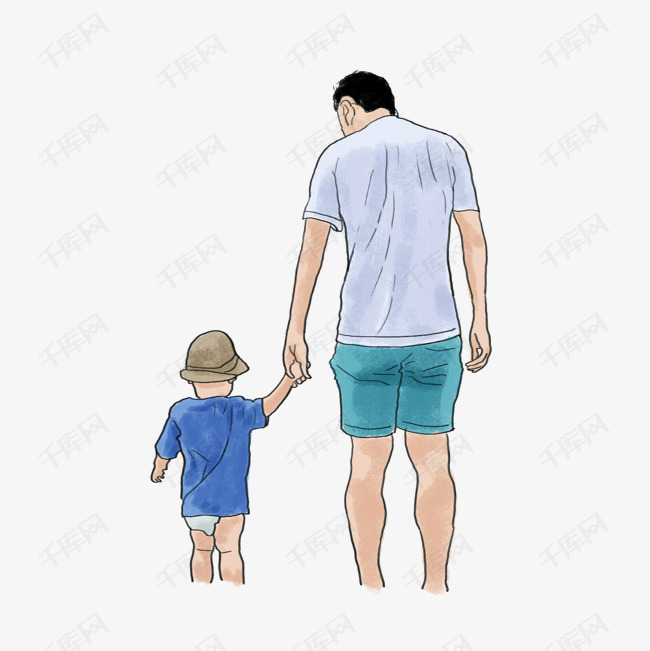 卡通手绘父亲与儿子海边沙滩