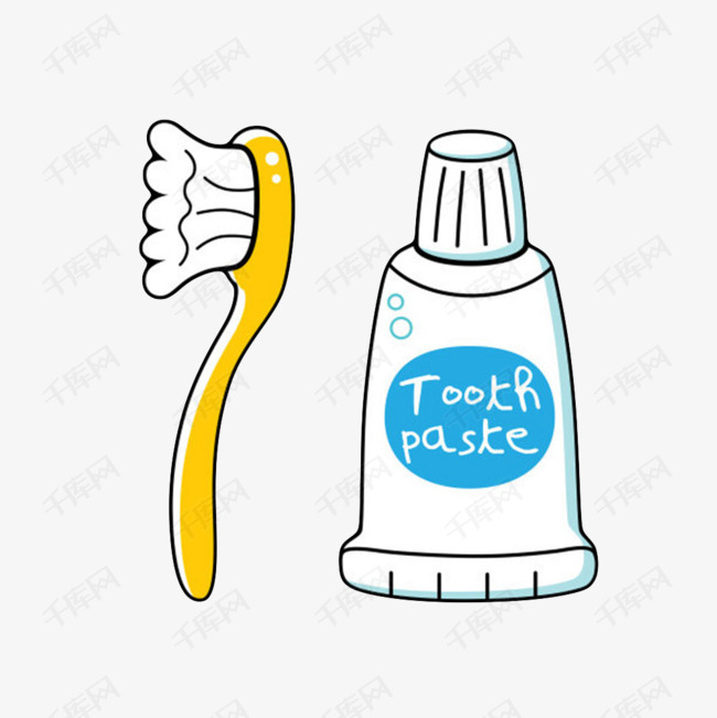 白色带英文字母的牙膏管和黄色牙刷卡通