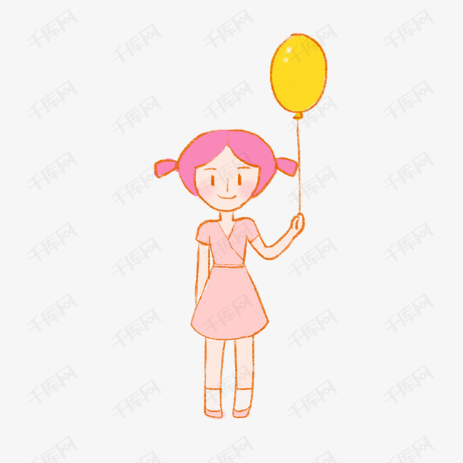 六一儿童节黄色气球粉衣服女孩手绘卡通元素下