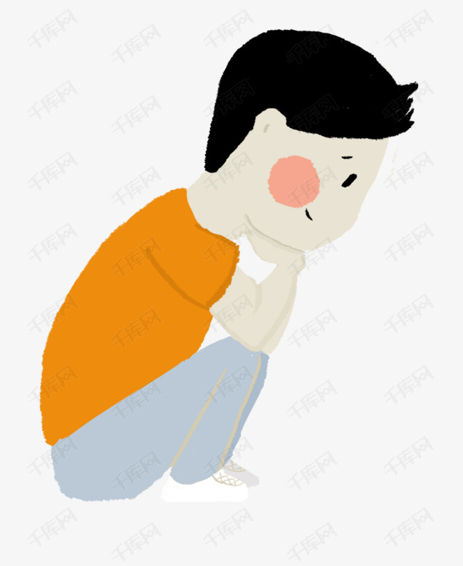 卡通手绘可爱小男孩蹲在地上思考