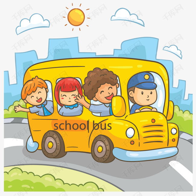 开学季路上的黄色校车的素材免抠矢量png校车黄色校车卡通校车开学季