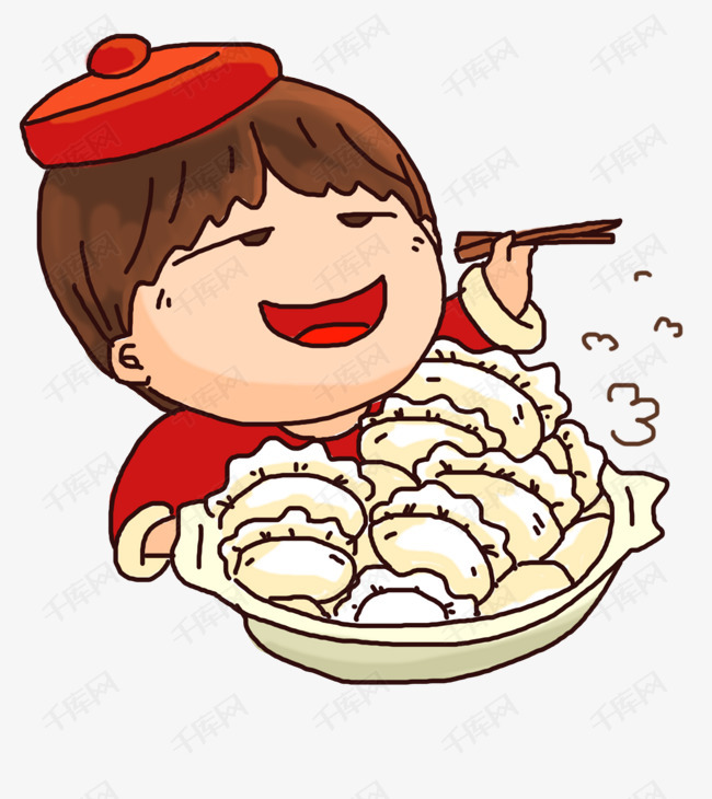 卡通手绘可爱小男孩吃饺子