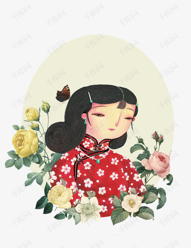 旗袍的女孩的素材免抠手绘人物装饰插图花卉红花旗袍民国穿旗袍的女孩