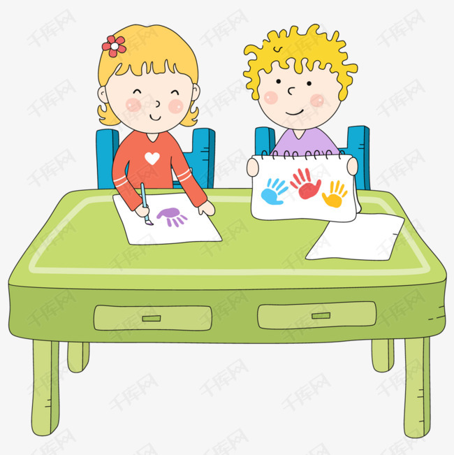小男孩和小女孩在画画的素材免抠画画小男孩小女孩同桌卡通彩色