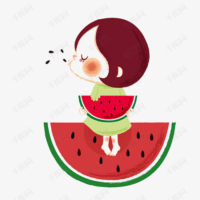 吃西瓜小女孩插画的素材免抠吃西瓜小女孩插画可爱水果红色卡通
