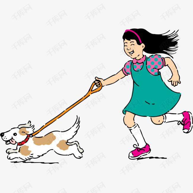 穿绿色裙子遛狗的小女孩