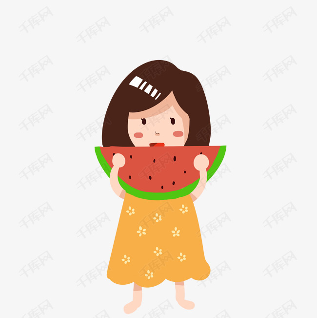 夏天吃西瓜的可爱小女孩插画