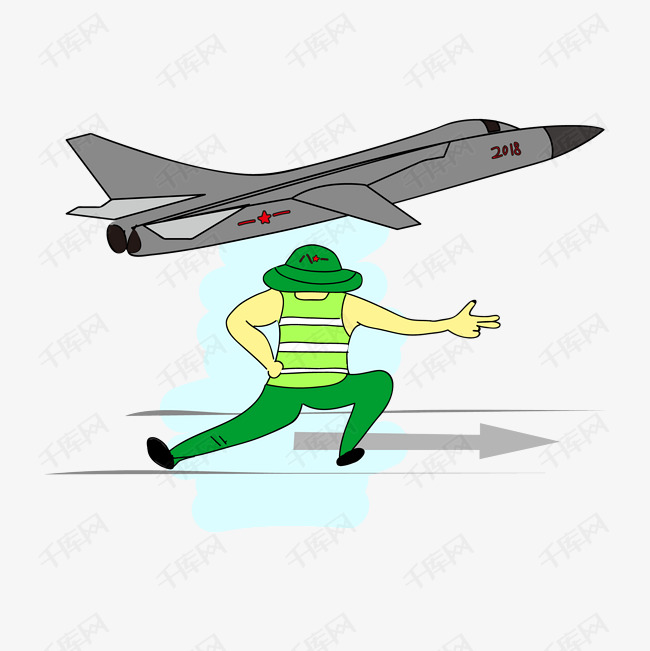 卡通手绘飞机起飞手势的军人