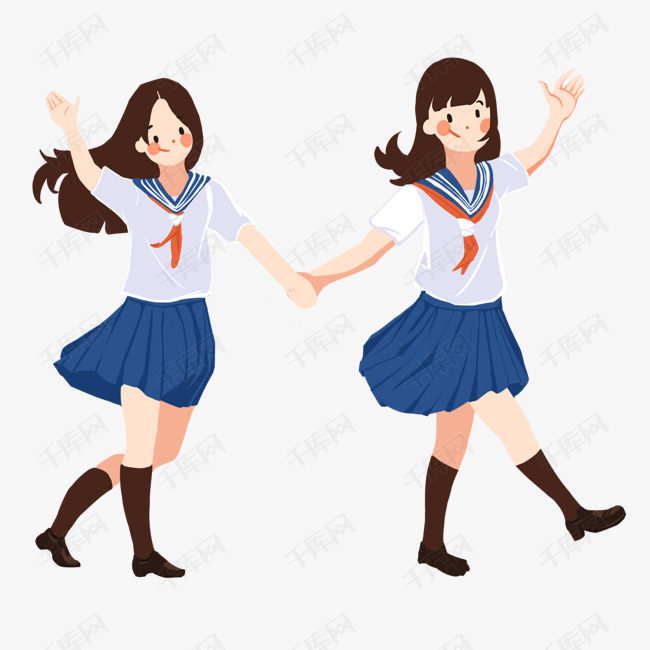 手绘卡通毕业季两个女孩手拉手素材图片免费下
