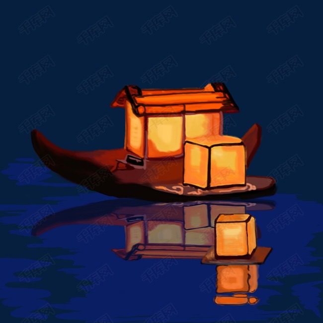 中元节放河灯祭祀河神祈福手绘插画高清图