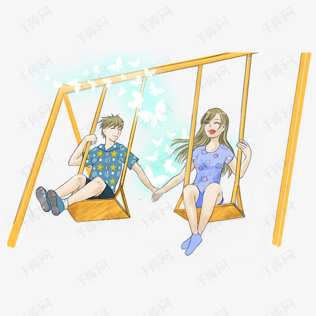 坐在荧光蝴蝶中荡秋千的情侣梦幻插画