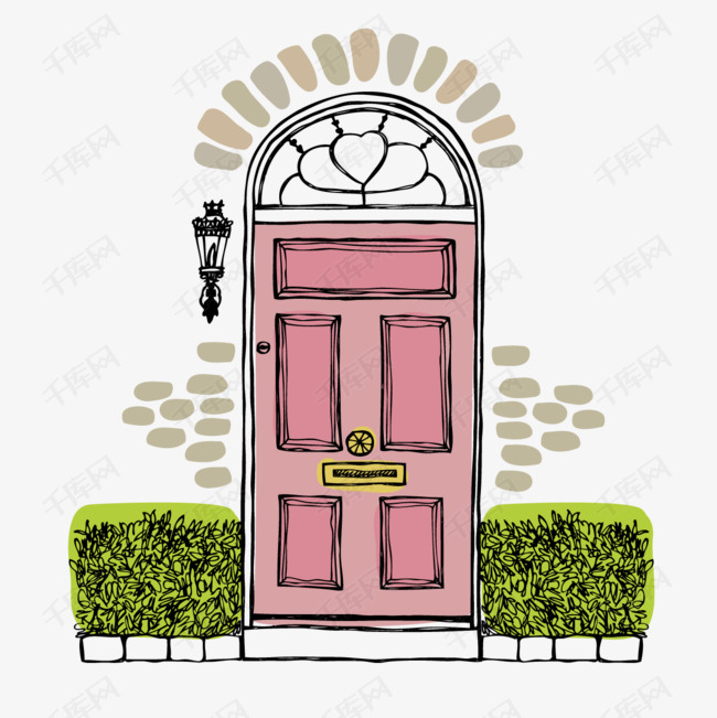 手绘创意粉色的门的素材免抠卡通手绘水彩创意粉色门门口