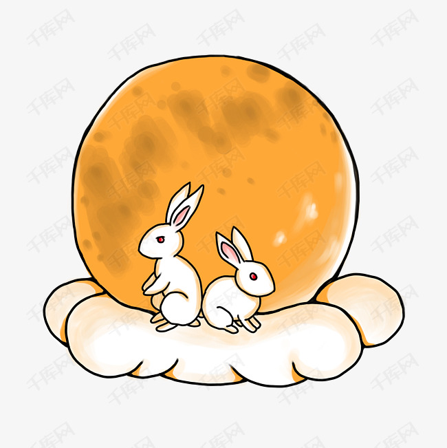 中秋节月亮上的小兔子手绘