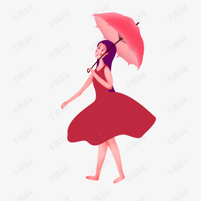 手绘卡通撑伞的少女