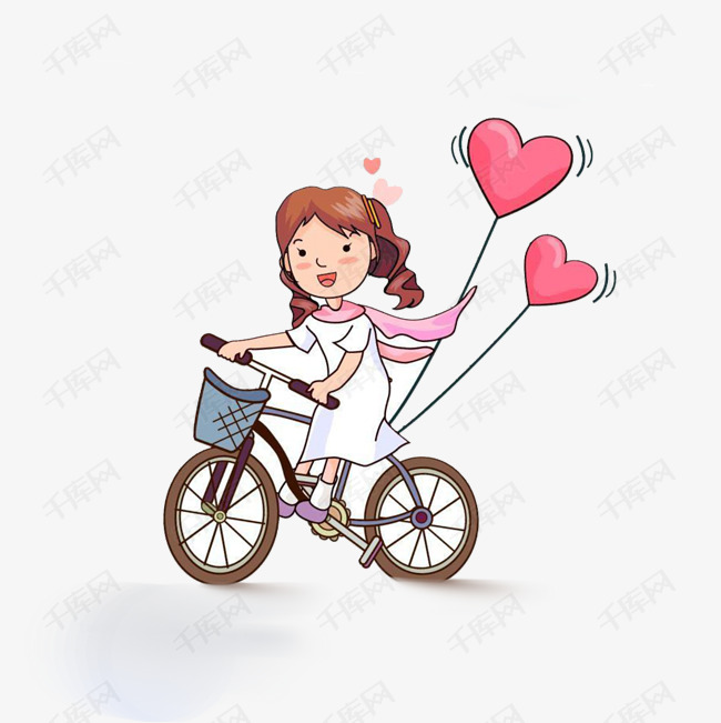 手绘卡通小女孩骑自行车