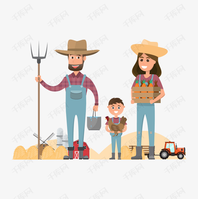 卡通在农场干活的一家人