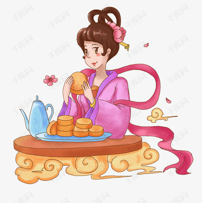中秋节卡通嫦娥腾云吃月饼