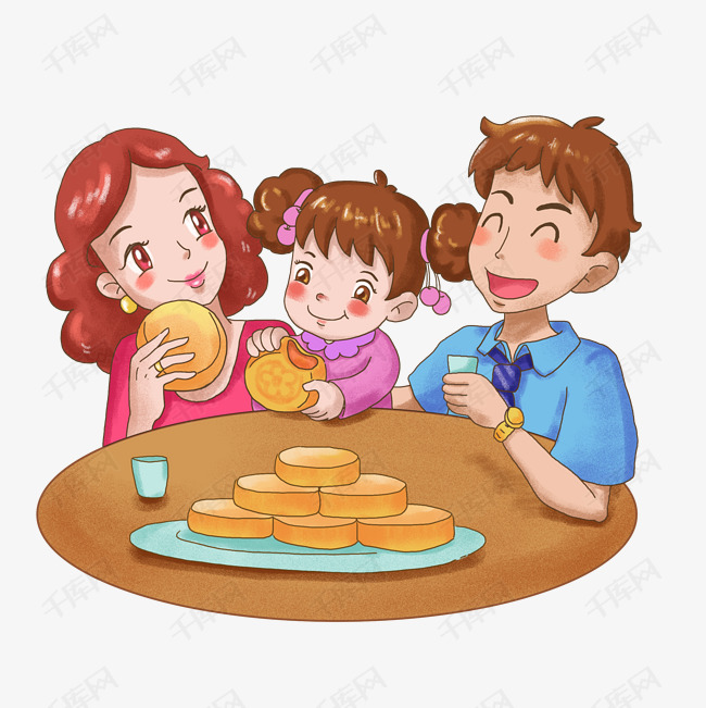 中秋节卡通一家人团圆吃月饼