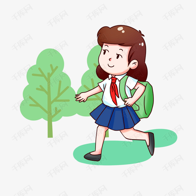 开学季小女孩上学路上插画