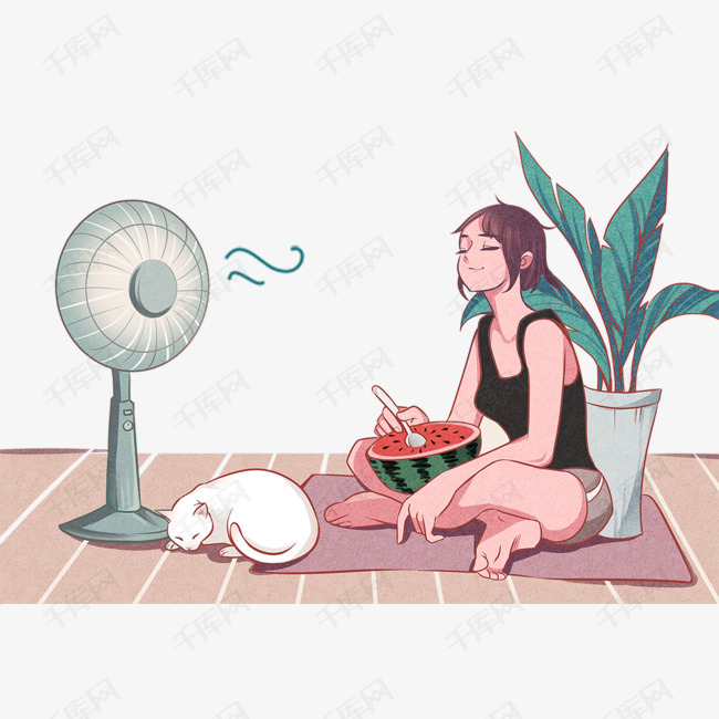 夏季吹风扇吃西瓜的女孩
