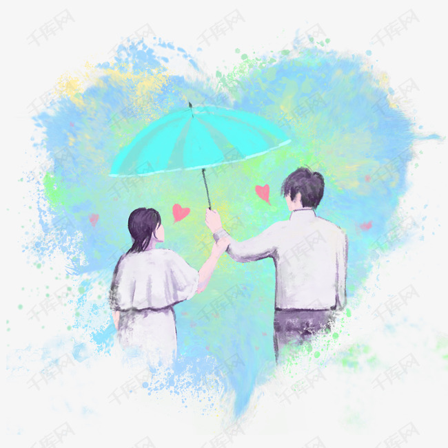 手绘七夕情侣打伞