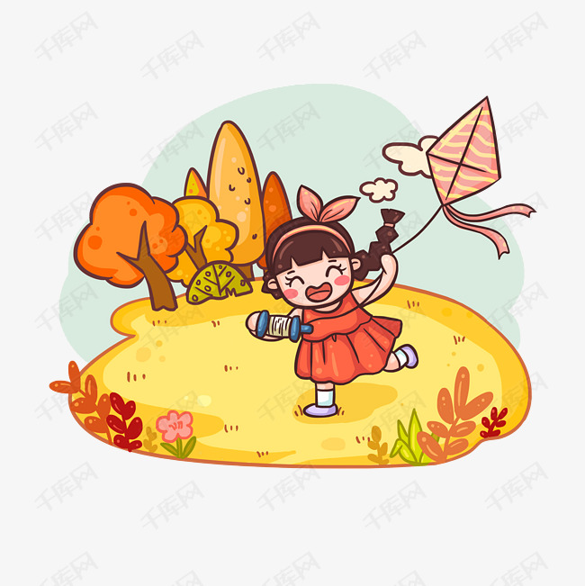 秋日金色大地放风筝小女孩插画