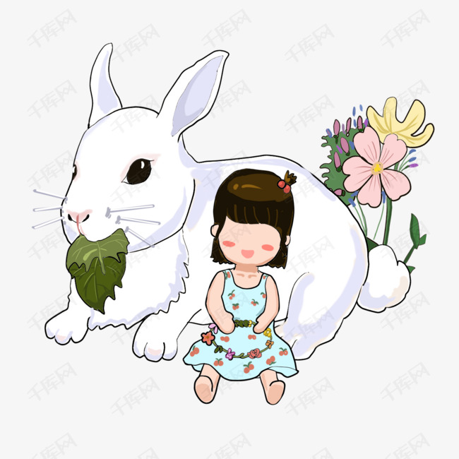 卡通小兔子与女孩童话场景