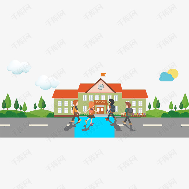手绘卡通学生上学场景的素材免抠手绘卡通学生上学场景学校大门绿树背