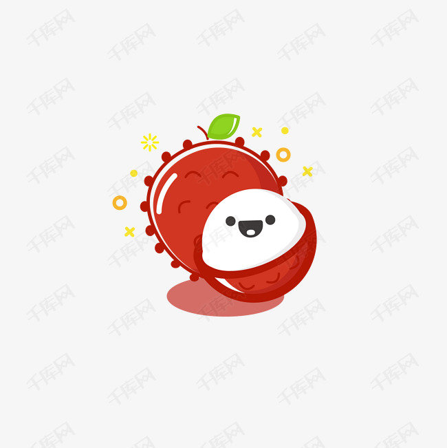 暖色调夏日清凉荔枝扁平化图案卡通水果矢量图