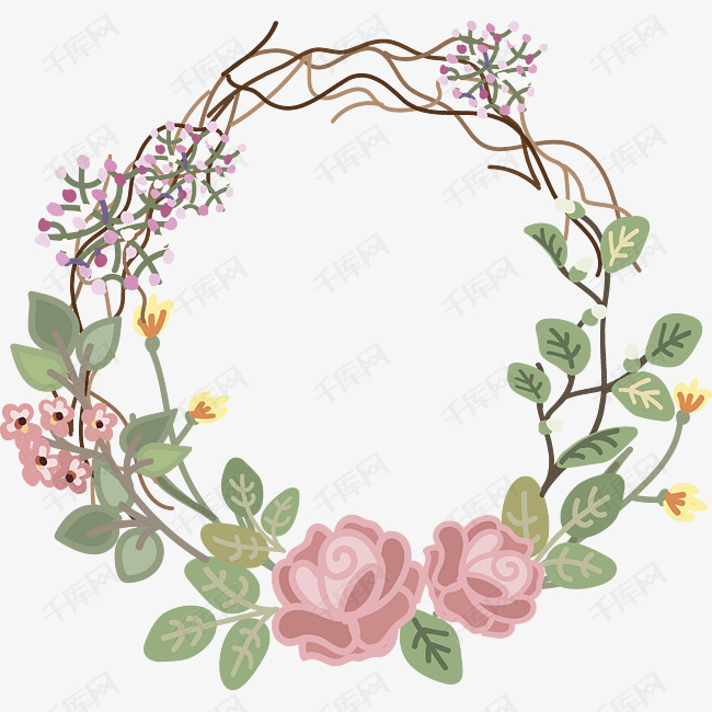 手绘紫色淡雅花朵花环的素材免抠圆形花环粉色花瓣图案装饰小清新花环