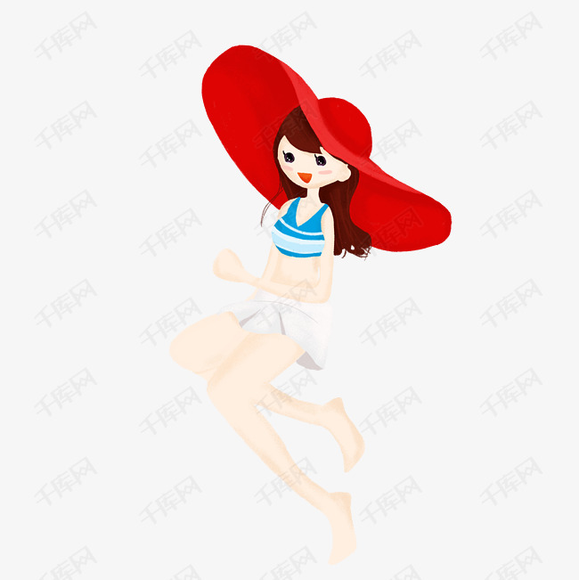 手绘夏日戴帽子的女孩