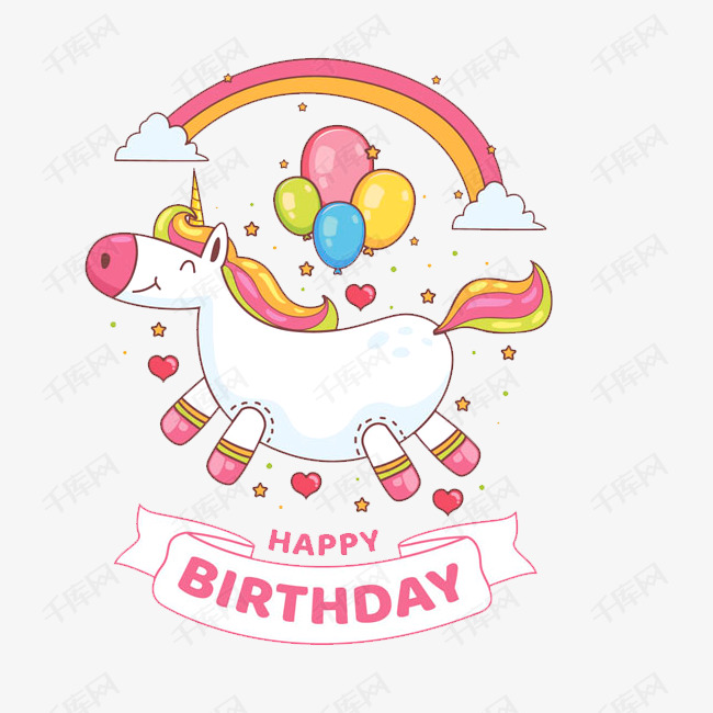 手绘卡通独角兽生日祝福图案