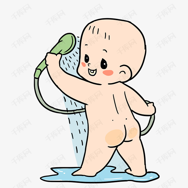 婴儿宝宝洗澡卡通手绘插画