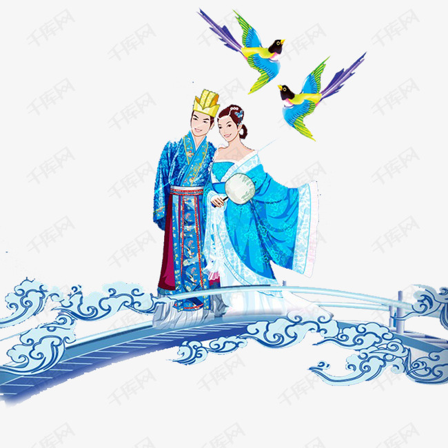 卡通手绘鹊桥上的牛郎织女