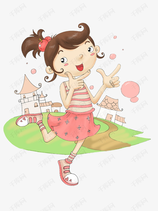 粉色小镇上的快乐女孩童话风厚涂插画