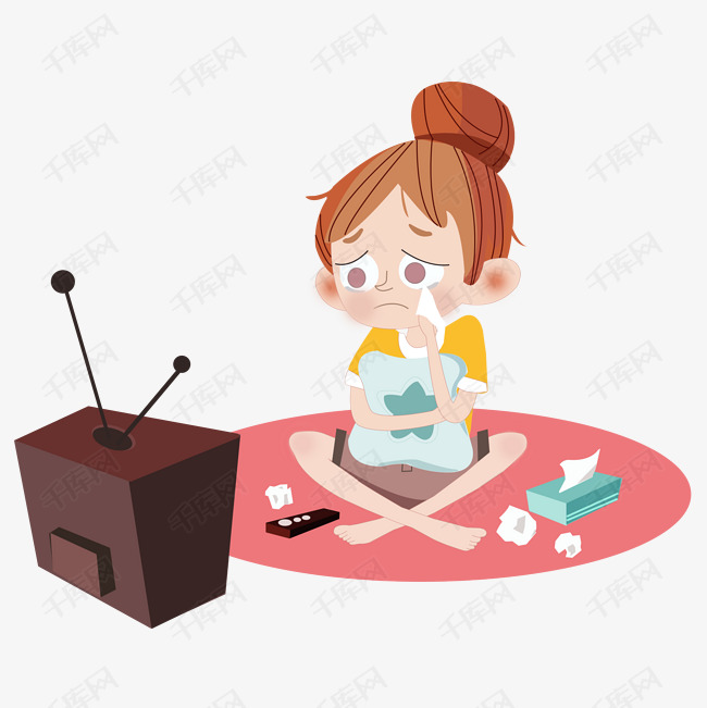 在家中看电视感动哭了的小女孩插画PNG