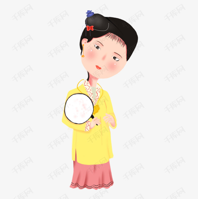 Q版宋代古装拿团扇带金锁的小清新可爱少女卡通人物