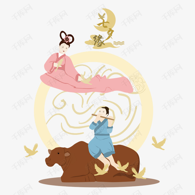 七夕情人节手绘牛郎织女飞天