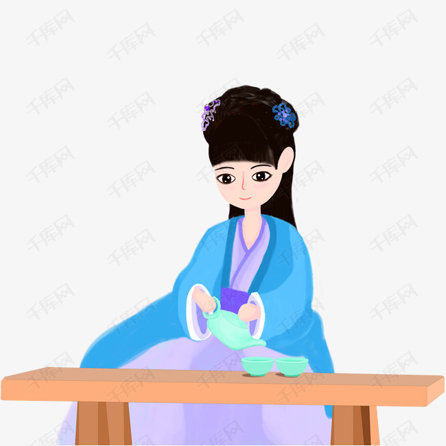 古风人物卡通手绘展示茶艺的少女原创免抠高清