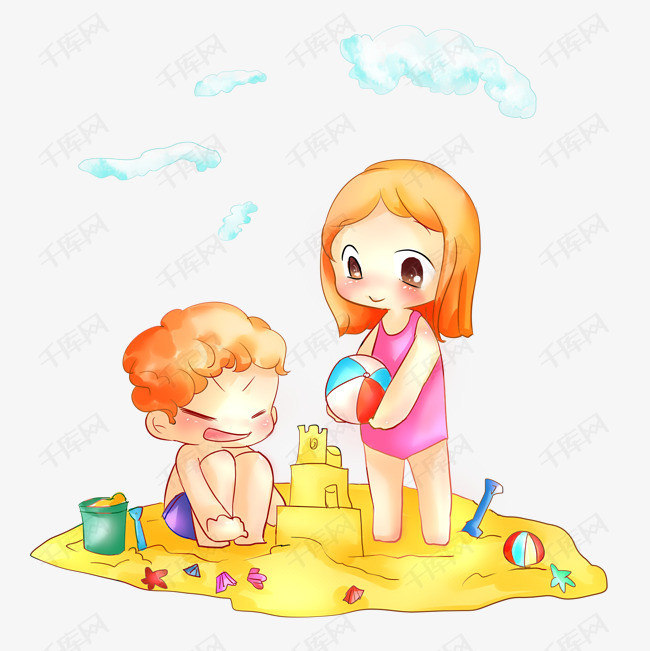 夏日儿童快乐暑期玩沙子插画
