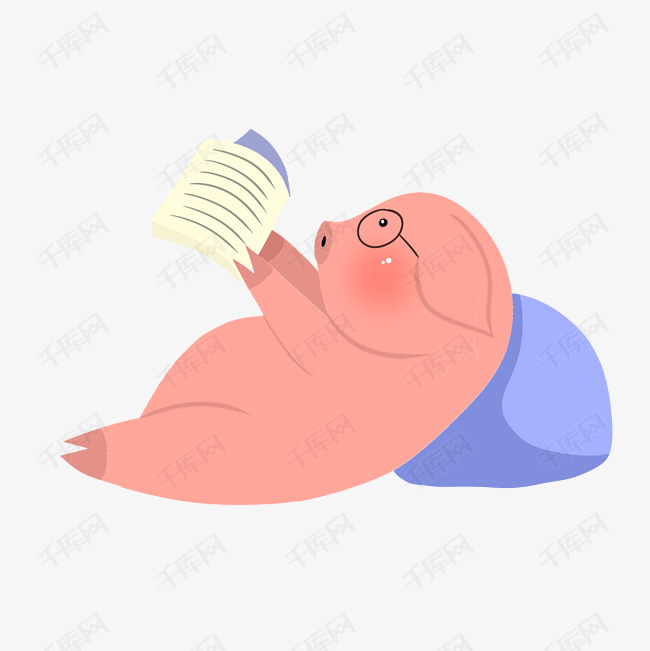 手绘矢量卡通可爱猪年小清新日系戴眼镜看书的