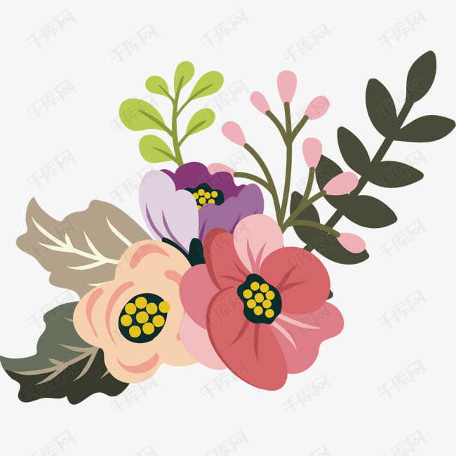 鲜花绿叶矢量图下载的素材免抠花簇美丽花朵鲜花绿叶卡通插图创意卡通