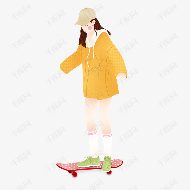 手绘时尚女孩滑板免扣素材