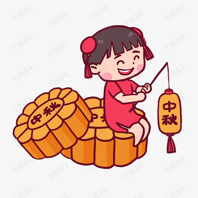 中秋佳节赏月吃月饼咯原创卡通手绘插画素材图片免费