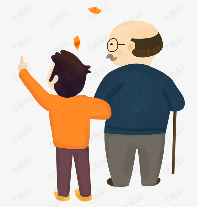 手绘卡通世界步行日爷爷和孙子散步素材图片免