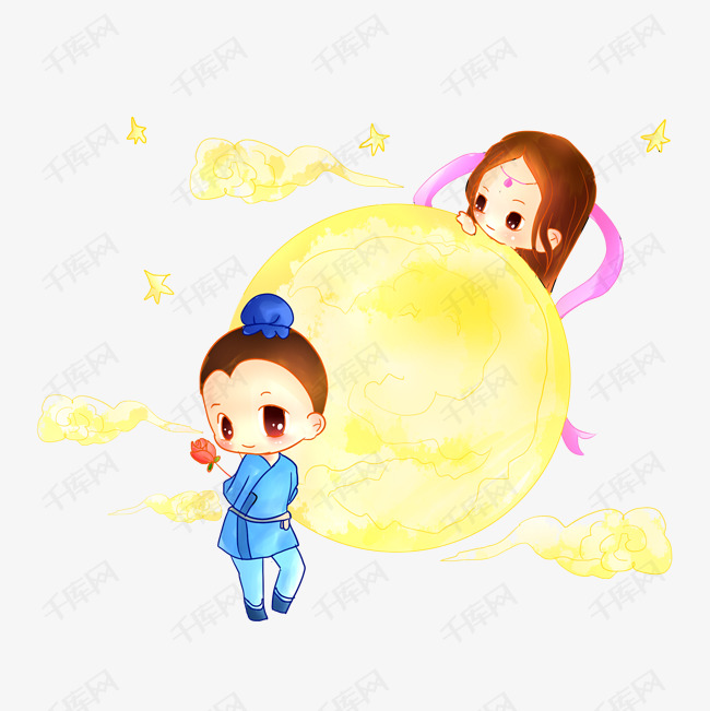 七夕主题卡通人物牛郎织女插图