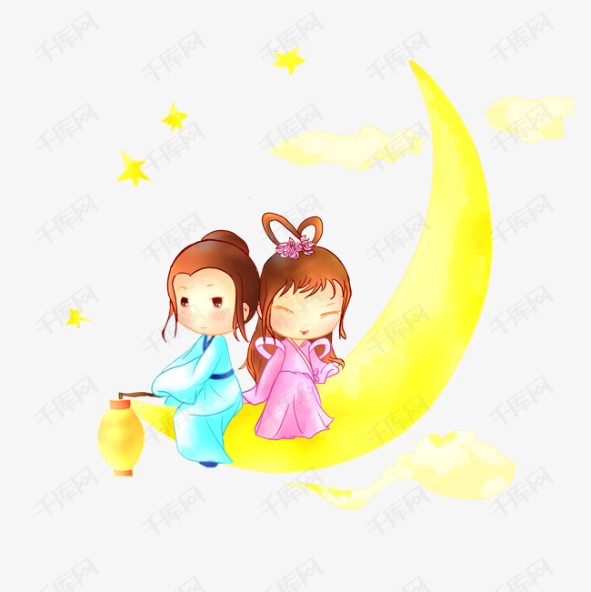 七夕主题卡通人物月亮下插图