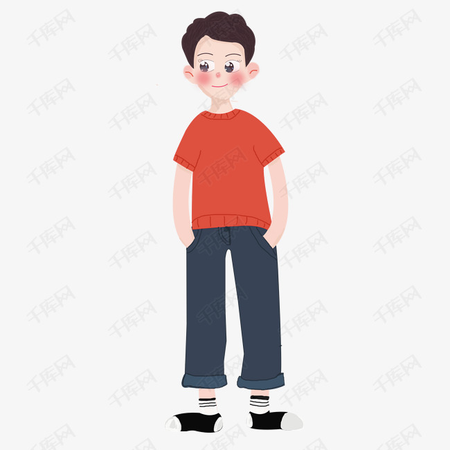 男生双手插在兜里站立形象卡通插画