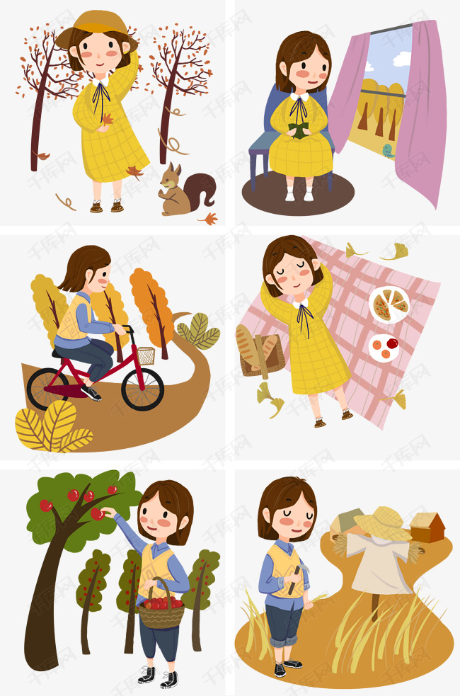 秋季秋天小女孩生活场景插画素材图片免费下载_高清